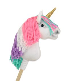 Einhorn Weiß, bunte Mähne, Gold — Einhorn-Steckenpferd von Galoppherz