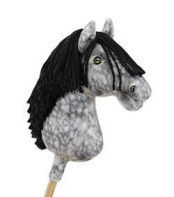 Hobby Horse Apfelschimmel, schwarze Mähne — handgenähtes Steckenpferd
